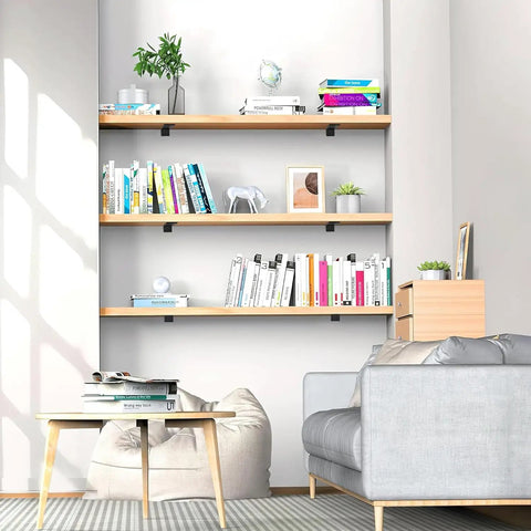 Legit Heavy Duty Floating Shelf Brackets 6 Pack With Mounting Hardware Solid Iron L Brackets For Wall Shelves displaying books and decor.