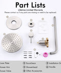 Complete Shower Faucet Set With Rain Shower Head Brushed Nickel Finish Anti Scald Pressure Balance Valve Trim Included No Fuss Install Durable Metal Build Lifetime Limited Warranty layout with parts labeled.