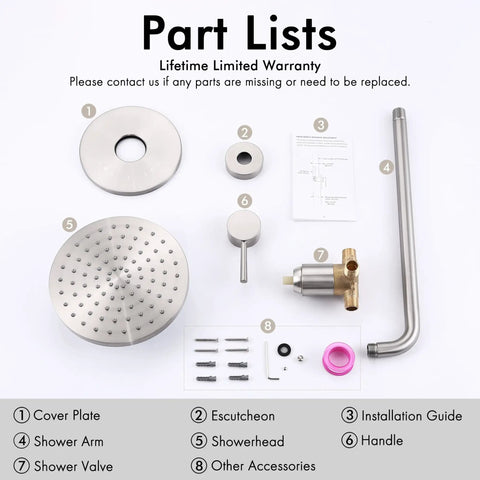 Complete Shower Faucet Set With Rain Shower Head Brushed Nickel Finish Anti Scald Pressure Balance Valve Trim Included No Fuss Install Durable Metal Build Lifetime Limited Warranty layout with parts labeled.