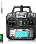 Front view of 10 Channel 2.4GHz RC Transmitter with FS-iA6B Receiver, showing dual joysticks and display screen, i6X compatible controller.