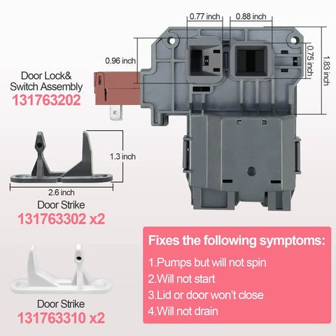Dimensions and components of DIY Friendly Front Load Washer Door Latch Lock Replacement Assembly For Frigidaire Affinity And Kenmore 131763256.