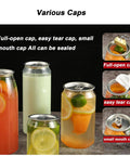 Various caps shown including full-open, easy tear, and small mouth caps for beverages, compatible with Commercial Grade Vacuum Cup Sealer.