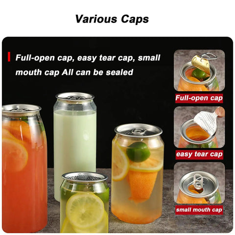 Various caps shown including full-open, easy tear, and small mouth caps for beverages, compatible with Commercial Grade Vacuum Cup Sealer.