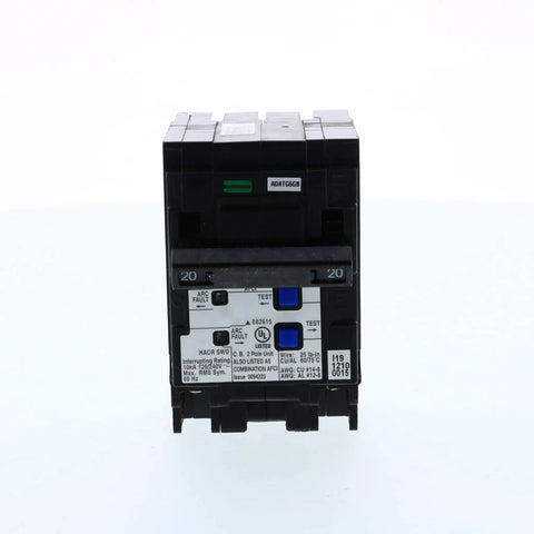 Front view of 20 Amp 2 Pole AFCI Plug-On Neutral Circuit Breaker With Combination Type Arc Fault Protection For Safe Home Wiring, UL Listed.