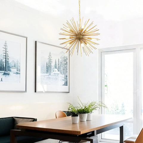 Golden Sputnik Chandelier Nine Lights Modern Starburst Fixture in dining room over table, solid metal mid-century style.