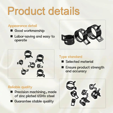 Image showing product details of 84 Piece 7 To 17 mm Fuel Line Hose Clamps Spring Clamp Set With Labeled Storage Box For Automotive Use Durable 65Mn Manganese Steel Black Finish DD006 B, emphasizing good workmanship, material strength, and quality assurance.