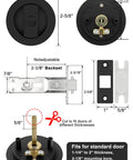 Size display for Matte Black Round Pocket Door Lock Set For Two One Eighth Inch Bore, showing dimensions and components.