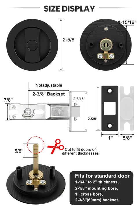 Size display for Matte Black Round Pocket Door Lock Set For Two One Eighth Inch Bore, showing dimensions and components.