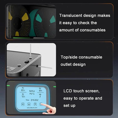Kickass Smart 3D Printer Filament Dry Box Holds Four Spools With Intelligent Humidity Control showing LCD touch screen and translucent design.