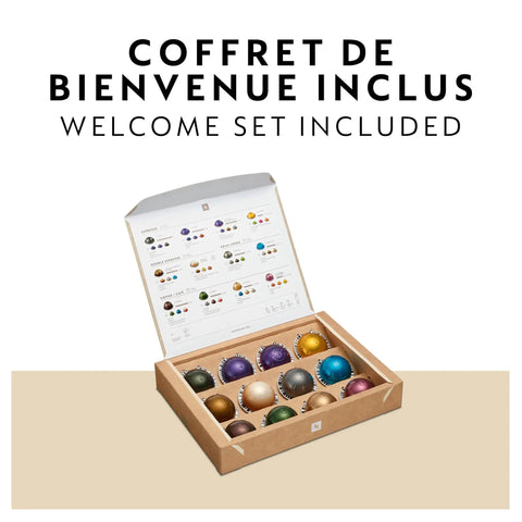 Open welcome set box with assorted coffee capsules for Vertuo Plus Single Serve Coffee And Espresso Maker By Breville In Ink Black.