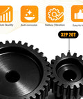 Close-up of 20T 32P pinion gear set for 1/10 RC cars, black oxide 45 steel, anti-corrosion and vibration reduction features visible
