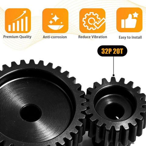 Close-up of 20T 32P pinion gear set for 1/10 RC cars, black oxide 45 steel, anti-corrosion and vibration reduction features visible