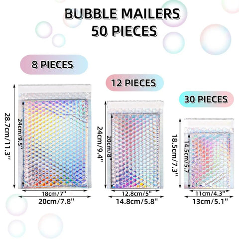 Dope Metallic Bubble Mailers Set, 50 Self Seal Padded Envelopes, Waterproof Holographic Shipping Envelopes sizes 7.8, 5.8, 5.1 inches