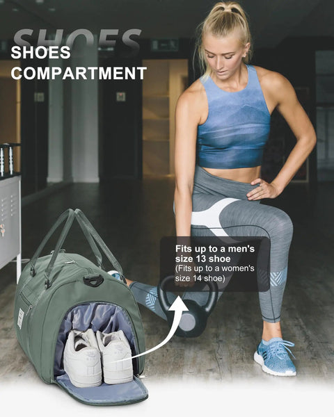 Woman in gym with Travel Duffel With Shoes Compartment And Wet Pocket For Women And Men Airport Friendly Carry On Gym Bag