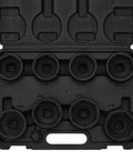 Beefy 9 Piece 6 Point Impact Socket Set With Jumbo SAE Size Range From 2 And 1 Sixteenth Inch To 2 And A Half Inch Forged Cr Mo Steel Black Oxide Finish For Extreme Torque And Long Life Plus One Half Inch Drive To Three Quarters Inch Adapter in carrying case, top view