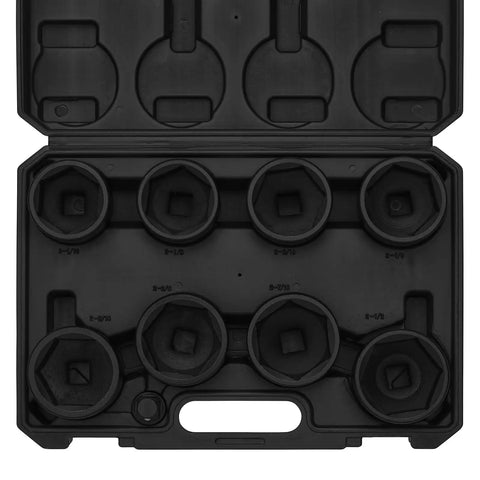 Beefy 9 Piece 6 Point Impact Socket Set With Jumbo SAE Size Range From 2 And 1 Sixteenth Inch To 2 And A Half Inch Forged Cr Mo Steel Black Oxide Finish For Extreme Torque And Long Life Plus One Half Inch Drive To Three Quarters Inch Adapter in carrying case, top view