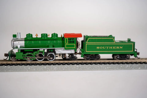 Prairie 2 6 2 Locomotive and Tender N Scale Green Train Set for Model Railroading, Die Cast Chassis on display track