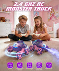 Kids playing with 1:18 Scale Pink Unicorn Monster Truck Remote Control Car With 360 Spin Dance Lights And Spray in bedroom.
