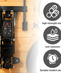Wall Mount Jack Stand Organizer For Garage Tools Keeps Floor Clear By Storing Hydraulic Trolley Jack Stands On The Wall Car And Trailer Maintenance Hangers Heavy Duty Jack Stands Holder Storage with high-strength steel and rust resistance features, shown mounted on a wooden wall.
