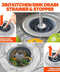 Three In One Sink Stopper And Strainer Set, Stainless Steel Drain Plug With Anti Clog Basket And Pop Up Cover in use in kitchen sink