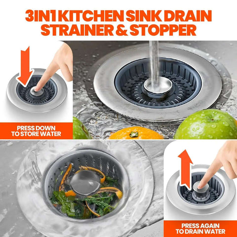 Three In One Sink Stopper And Strainer Set, Stainless Steel Drain Plug With Anti Clog Basket And Pop Up Cover in use in kitchen sink