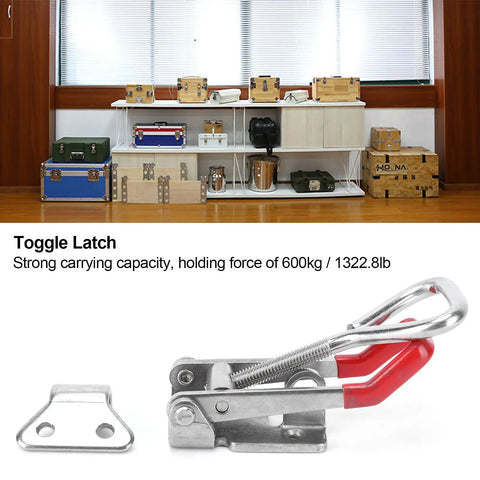 Heavy Duty Stainless Steel Toggle Latch With Plastic Handle And 600kg Holding Power For Secure Home Decor, Equipment Install, And Solid Hardware Fitting Needs, showing toggle latch and keep plate.