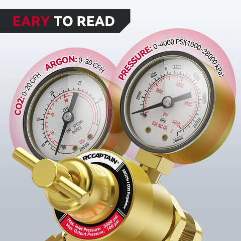 Front view of ARCCAPTAIN Argon CO2 welding regulator with brass body and dual gauges for MIG/TIG