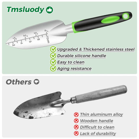 Comparison of upgraded stainless steel trowel with silicone handle and basic aluminum trowel from Heavy Duty Gardening Tools 10 Piece Set With Durable Stainless Steel Hand Tools Organizer Handbag Rust Proof Weeding Kit Pruner Transplanter Trowel Cultivator And More Top Shelf Gift For Women Who Love Gardening.