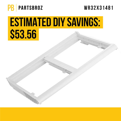 White Vegetable Pan Cover 33 for General Electric Refrigerators, Replacement for AP6995256 PS16220259 on yellow background.