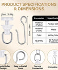 100 Pack Curtain Track Hooks And Gliders Set With 50 White Plastic Rollers And 50 Metal S Hooks dimensions and materials