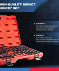 Open case of 1/2 Inch Impact Socket Set With 45 Pieces Deep And Shallow, Metric Sizes 9mm To 32mm, Chrome Vanadium Steel