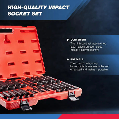 Open case of 1/2 Inch Impact Socket Set With 45 Pieces Deep And Shallow, Metric Sizes 9mm To 32mm, Chrome Vanadium Steel
