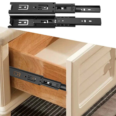 Two Pack 45mm Steel Drawer Slides That Glide Like Butter Silky Smooth Dresser Metal Runners shown in open drawer