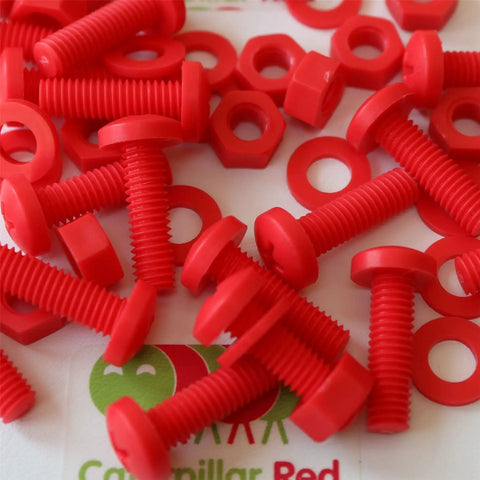 Top Tier Red Polypropylene Pan Head Cross Recess Fasteners M6 X 20mm Set Includes Matching Nuts And Washers laid out on surface.