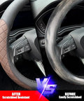 Kick It Up A Notch With Premium Nappa Leather Steering Wheel Cover Boasting Sharp Diamond Quilting For A Grippy Nonslip Feel That Keeps Your Hands Comfy During Every Long Haul Or City Commute In Smooth Black Brown Styling, showcasing before and after comparison.