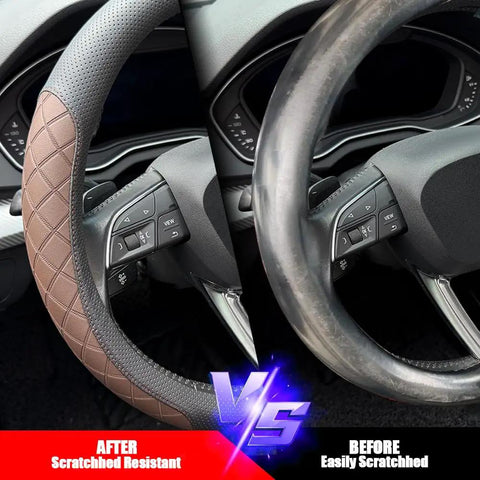 Kick It Up A Notch With Premium Nappa Leather Steering Wheel Cover Boasting Sharp Diamond Quilting For A Grippy Nonslip Feel That Keeps Your Hands Comfy During Every Long Haul Or City Commute In Smooth Black Brown Styling, showcasing before and after comparison.