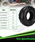 145/70-6 Tubeless Tire For Mini Bikes And ATVs with specifications chart, suitable for Coleman CT100U, KT196, Baja Doodle Bug DB30.