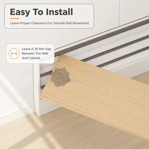 360 Degree Rotating Island Slide Track And Countertop Extension Rail Kit With Lockable Swivel Casters For Smooth Kitchen Upgrades, demonstrating installation with proper gap for movement.