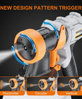 High Output HVLP Paint Sprayer With 700 Watt Motor And Six Foot Line, Four Adjustable Tips For Smooth Cabinet Refinishing And Outdoor Fence Coating, Real Deal Heavy Duty Gear For Weekend Pros showing new design pattern trigger with adjustable settings.