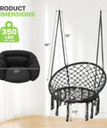 Cozy Cushion Hanging Hammock Chair With Extra Support For Indoor And Outdoor Hangout Macrame Swing Chair For Porch Or Backyard 350 Lb Capacity Black Everyday Use, shown with dimensions and cushion size.