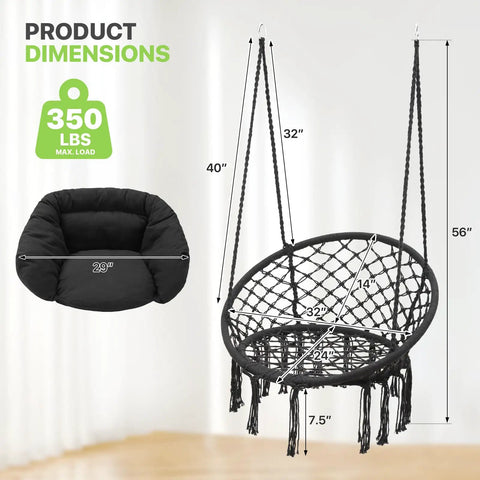 Cozy Cushion Hanging Hammock Chair With Extra Support For Indoor And Outdoor Hangout Macrame Swing Chair For Porch Or Backyard 350 Lb Capacity Black Everyday Use, shown with dimensions and cushion size.