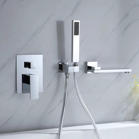 Wall Mounted Bathtub Faucet With Handheld Shower Solid Brass High Flow Tub Filler With 180 Degree Swivel Spout And Sprayer CUPC Certified Chrome Finish Easy Install Space Saving Bathroom Upgrade