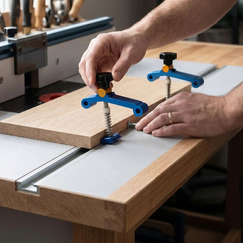 Heavy Duty T Track Clamps With Spring Nut Offer Adjustable Pressure Plate Slider For Woodworking And Metal Milling Tables Featuring 100mm Clamping Range to secure wood on a table.