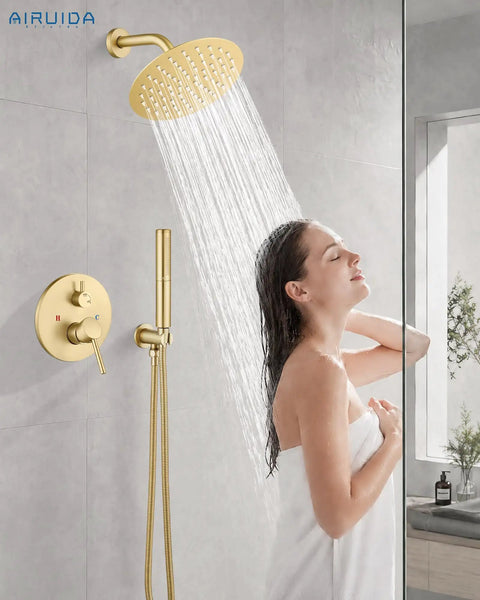 Heavy Duty Brushed Gold Shower Faucet Set Featuring Eight Inch Overhead Rainfall Head, woman enjoying a shower.