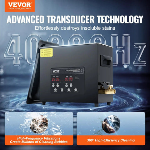 6L Ultrasonic Cleaner With 40kHz Power 180W Digital Cleaning Gear with gentle mode displayed against tech backdrop.