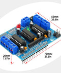Dual H Bridge Motor Driver Shield for Arduino and Raspberry Pi, four-channel module with measurements, ideal for robotics projects.