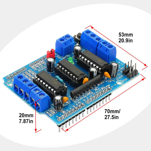 Dual H Bridge Motor Driver Shield for Arduino and Raspberry Pi, four-channel module with measurements, ideal for robotics projects.