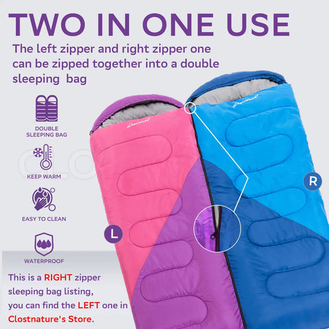 Ultralight Camping Sleeping Bag For Adults And Kids, Lightweight Backcountry Bag With Right Zipper, double use shown