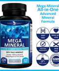 Mega Mineral Supplement Complete Mineral Complex With Calcium Magnesium Zinc Potassium Boron Selenium Chromium And 72 Trace Minerals Iron Free Calcium Supplement 100 Pills bottle front with nutrient info.