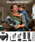 Father and son with Amphibious Remote Control Beast Truck Toy For Kids 6 Plus Waterproof Off Road 4X4 RC Pickup All Terrain 2 4GHz One Eighteen Scale Truck Great Boys Gift Blue packaging. Remote control and accessories displayed below.